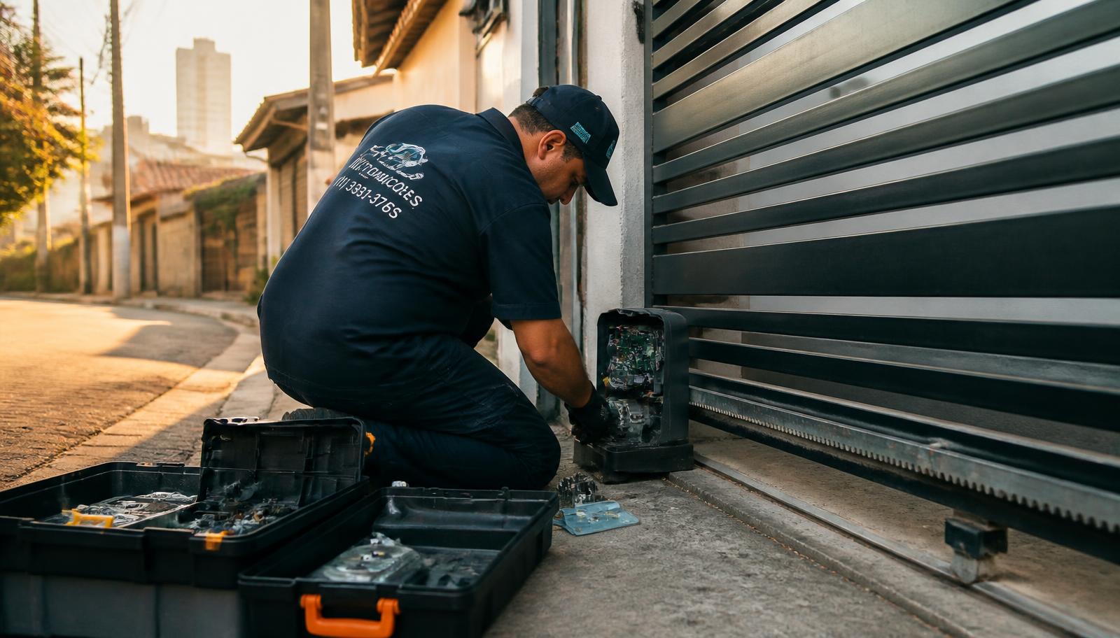 Técnico fazendo manutenção no motor de um portão automático